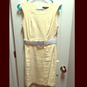 Sharagano yellow and white striped fitted dress